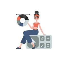 A woman sits with a color wheel in her hands. Isolated. Element for presentation. vector