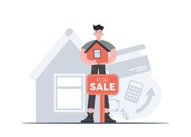 A man stands in full growth and holds a model of the house. Property For Sale. Flat style. Element for presentations, sites. vector