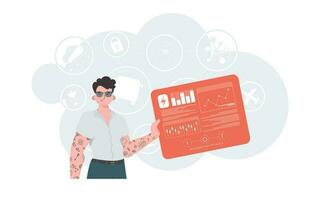 Internet of things concept. A man holds a panel with analyzers and indicators in his hands. Good for websites and presentations. Vector illustration.