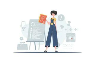 el mujer es participación un contrato en su manos. el personaje es representado en lleno crecimiento. el concepto de concluyendo contratos tendencia estilo, vector ilustración.