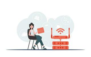 Internet of things concept. A woman sits in a chair and holds a panel with analyzers and indicators in her hands. Good for websites and presentations. Vector illustration in flat style.