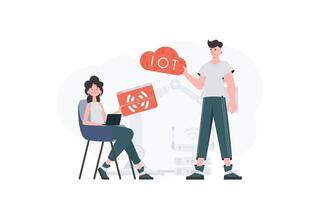 A man and a woman are a team in the field of the Internet of things. IoT concept. Good for websites and presentations. Vector illustration in flat style.