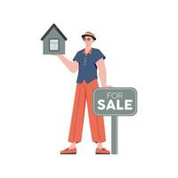 The man holds the house in his hands. Real estate sale concept. Isolated. Vector illustration.