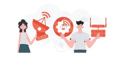 iot concepto. el niña y el chico son un equipo en el campo de Internet de cosas. bueno para presentaciones y sitios web vector ilustración.