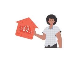 IoT concept. The guy is shown to the waist. A man holds an icon of a house in his hands. Isolated. Vector illustration in flat style.