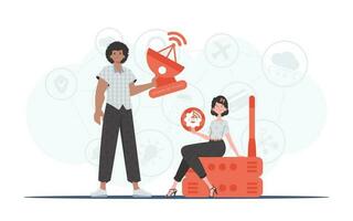 IoT concept. The girl and the guy are a team in the field of Internet of things. Good for presentations and websites. Vector illustration in flat style.
