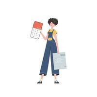 A woman holds a calculator and a tax form in her hands. Isolated on white background. Vector illustration in a flat style.