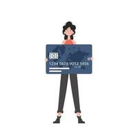 A woman stands in full growth with a plastic card in her hands. Isolated. Flat style. Element for presentations, sites. vector