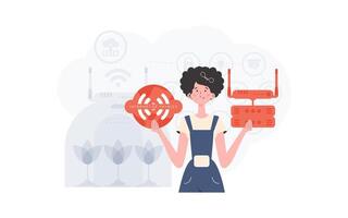 iot concepto. un mujer es participación un Internet cosa icono en su manos. enrutador y servidor. bueno para sitios web y presentaciones de moda plano estilo. vector ilustración.