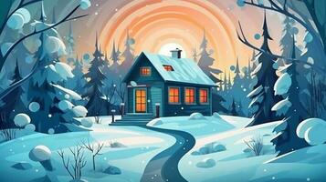 Winter, festive, Christmas background. In a whimsical vintage illustration, a merry scene unfolded at home on a magical winter night, with snowflakes swirling in the air with AI Generative photo