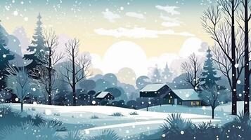 Winter, festive, Christmas background. In a whimsical vintage illustration, a merry scene unfolded at home on a magical winter night, with snowflakes swirling in the air with AI Generative photo