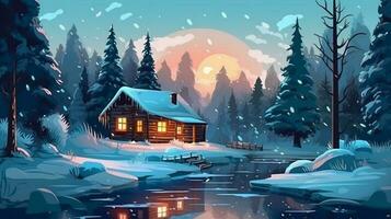 Winter, festive, Christmas background. In a whimsical vintage illustration, a merry scene unfolded at home on a magical winter night, with snowflakes swirling in the air with AI Generative photo