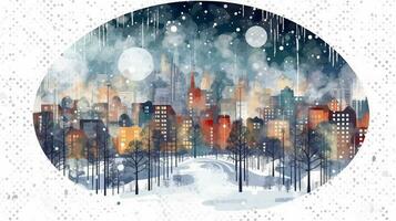 Winter, festive, Christmas background. In a whimsical vintage illustration, a merry scene unfolded at home on a magical winter night, with snowflakes swirling in the air with AI Generative photo