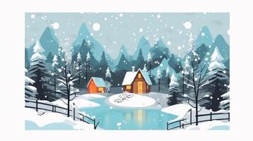 Winter, festive, Christmas background. In a whimsical vintage illustration, a merry scene unfolded at home on a magical winter night, with snowflakes swirling in the air with AI Generative photo