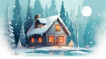 Winter, festive, Christmas background. In a whimsical vintage illustration, a merry scene unfolded at home on a magical winter night, with snowflakes swirling in the air with AI Generative photo