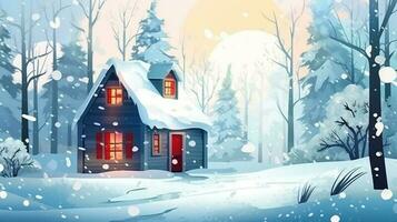 Winter, festive, Christmas background. In a whimsical vintage illustration, a merry scene unfolded at home on a magical winter night, with snowflakes swirling in the air with AI Generative photo