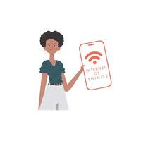 A woman holds a phone with the IoT logo in her hands. Internet of things and automation concept. Vector. vector