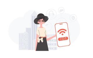 Internet de cosas y automatización concepto. un mujer sostiene un teléfono con el iot logo en su manos. de moda plano estilo. vector ilustración.