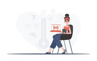 A woman holds a laptop and a processor chip in her hands. IoT concept. Trendy flat style. Vector illustration.