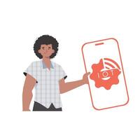 The guy is holding a phone with the IoT logo in his hands. Internet of things concept. Vector illustration in flat style.