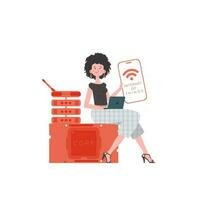 A woman holds a phone with the IoT logo in her hands. Internet of things concept. Trendy flat style. Vector illustration.