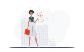 Internet of things and automation concept. The girl is holding a phone with the IoT logo in her hands. Trendy flat style. Vector illustration.