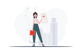 iot y automatización concepto. un mujer sostiene un teléfono con el iot logo en su manos. vector ilustración en de moda plano estilo.