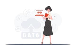 A woman holds a laptop and a processor chip in her hands. Internet of things and automation concept. Vector illustration in trendy flat style.