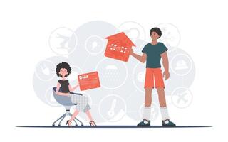 Internet de cosas concepto. un hombre y un mujer son un equipo en el campo de el Internet de cosas. bueno para sitios web y presentaciones de moda plano estilo. vector. vector