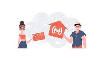 iot concepto. un hombre y un mujer son un equipo en el campo de el Internet de cosas. bueno para presentaciones y sitios web vector ilustración.