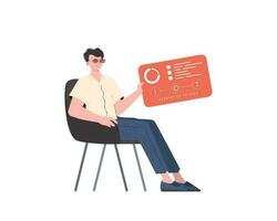 A man sits in a chair and holds a panel with analyzers and indicators in his hands. Internet of things concept. Isolated. Vector illustration.
