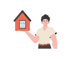 The man is depicted waist-deep holding a house in his hands. The concept of selling a house. Isolated. Vector illustration.