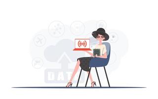 A woman holds a laptop and a processor chip in her hands. IoT concept. Vector. vector