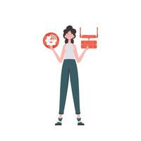 A woman is holding an internet thing icon in her hands. Router and server. Internet of things concept. Isolated. Vector illustration in flat style.