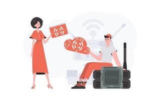 un hombre y un mujer son un equipo en el campo de el Internet de cosas. Internet de cosas y automatización concepto. bueno para presentaciones y sitios web vector ilustración en plano estilo.