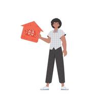 The man is depicted in full growth, holding the icon of the house in his hands. Internet of things and automation concept. illustration in flat style. vector