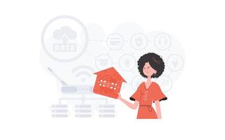 The woman is depicted waist-deep, holding an icon of a house in her hands. Internet of things concept. Good for presentations and websites. Vector illustration in trendy flat style.