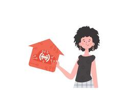 Internet of things and automation concept. The girl is shown to the waist. A woman is holding a house icon in her hands. Isolated. Vector illustration in flat style.