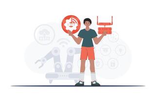 Internet of things and automation concept. A man is holding an internet thing icon in her hands. Router and server. Good for websites and presentations. Trendy flat style. Vector illustration.