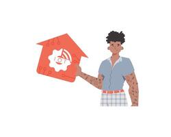 IoT concept. The guy is shown to the waist. A man holds an icon of a house in his hands. Isolated on white background. Vector illustration in trendy flat style.