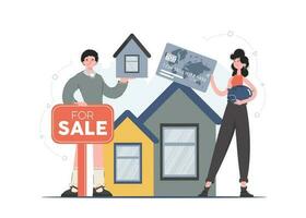 A woman and a man are standing in full growth next to a sign for sold real estate. Realtors. Flat style. Element for presentations, sites. vector