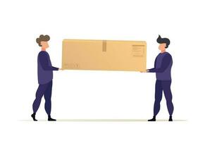 Movers or couriers carry a large box. The concept of delivering parcels to home or moving house. Cartoon style. Vector illustration. Isolated.