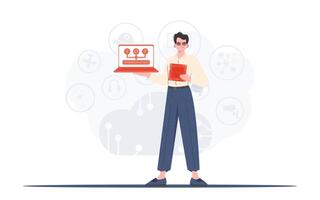 A man holds a laptop and a processor chip in his hands. IoT concept. Vector illustration in trendy flat style.