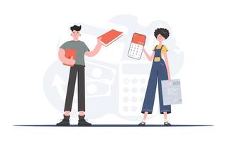 A man and a woman are standing with a book and a calculator. The study of taxes. Element for presentation. vector