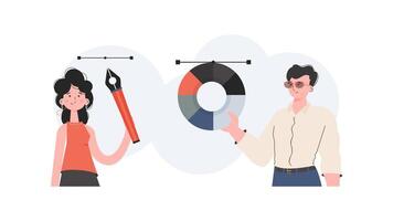 A man and a woman stand waist-deep and hold a color wheel. Design. Element for presentation. vector