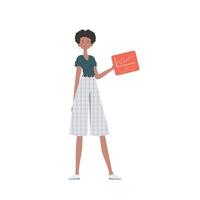 A woman holds a panel with analyzers and indicators in her hands. Internet of things and automation concept. Isolated. illustration. vector