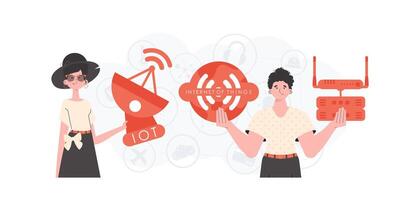 IoT concept. The girl and the guy are a team in the field of Internet of things. Good for websites and presentations. Trendy flat style. Vector. vector