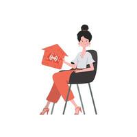 The girl sits in a chair and holds an icon of a house in her hands. Internet of things concept. Isolated. Vector illustration in trendy flat style.