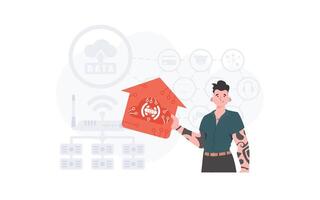 The man is depicted waist-deep, holding an icon of a house in his hands. Internet of things and automation concept. Good for presentations and websites. illustration in trendy flat style. vector