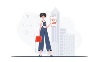 iot y automatización concepto. un mujer sostiene un teléfono con el iot logo en su manos. vector ilustración en plano estilo.